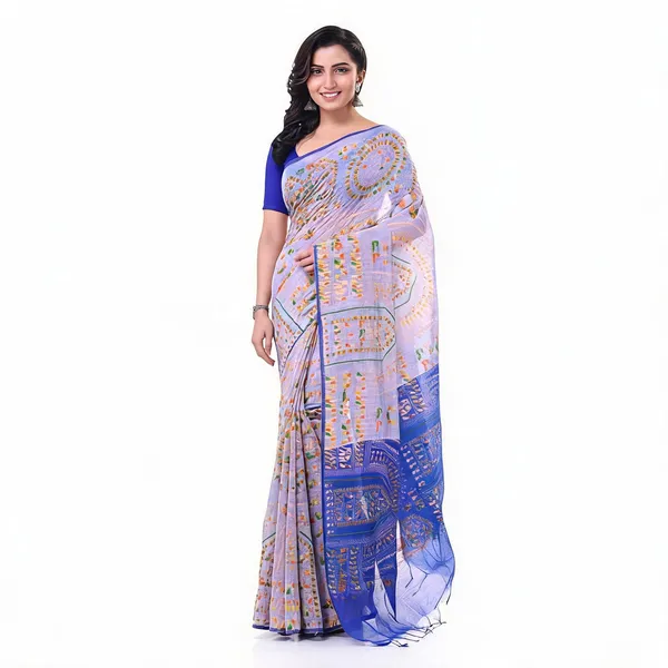 White_Blue_Cotton_Handloom_Woven_Saree_With_Blouse_Piece_For_Women