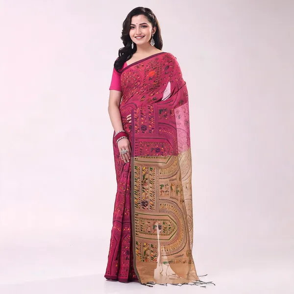 Pink_Brown_Cotton_Handloom_Woven_Saree_With_Blouse_Piece_For_Women
