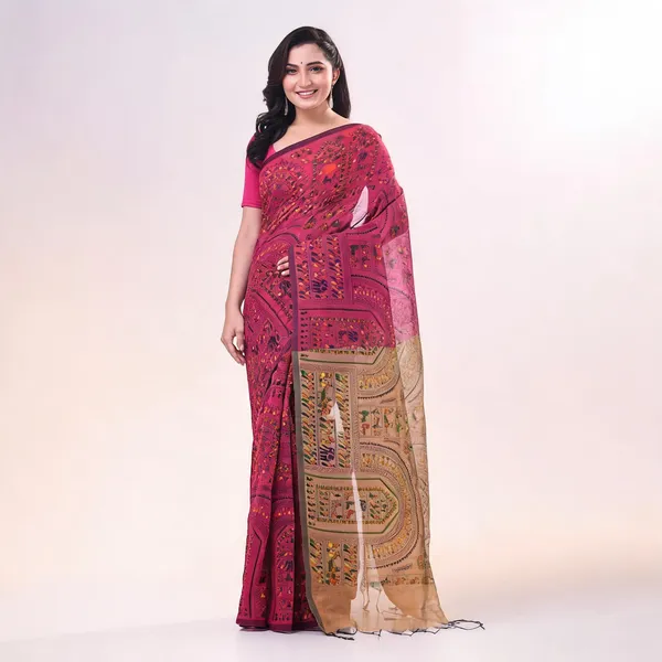 Pink_Brown_Cotton_Handloom_Woven_Saree_With_Blouse_Piece_For_Women