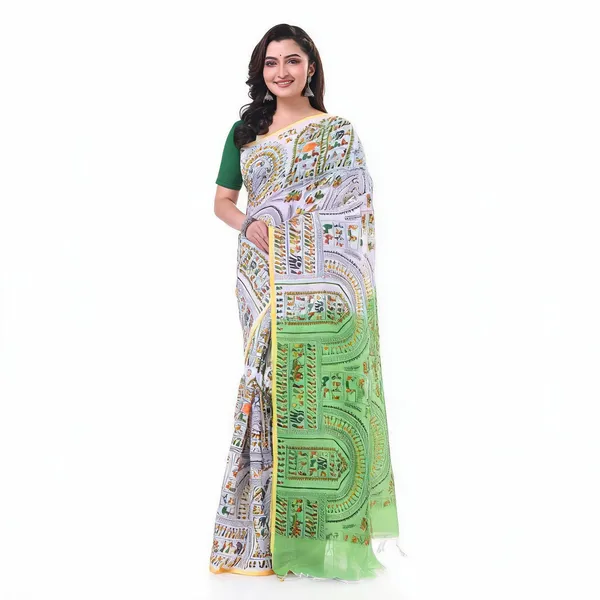 White_Green_Cotton_Handloom_Woven_Saree_With_Blouse_Piece_For_Women