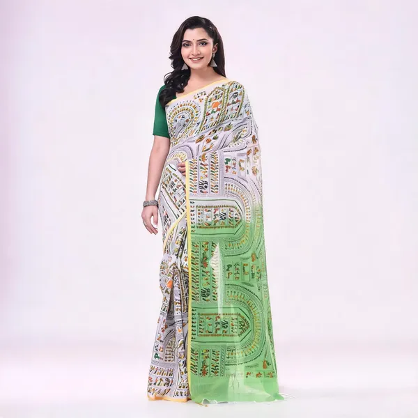 White_Green_Cotton_Handloom_Woven_Saree_With_Blouse_Piece_For_Women