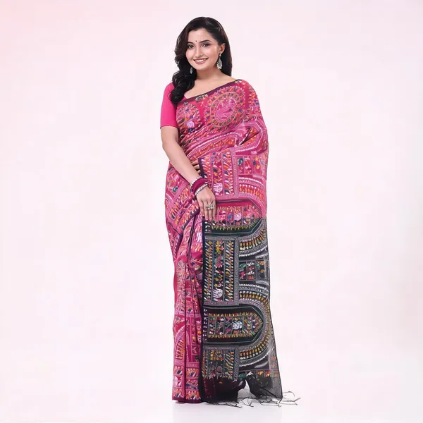 Pink_Black_Cotton_Blend_Warli_Tribal_Art_Woven_Saree_For_Women