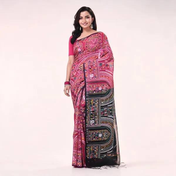 Pink_Black_Cotton_Blend_Warli_Tribal_Art_Woven_Saree_For_Women