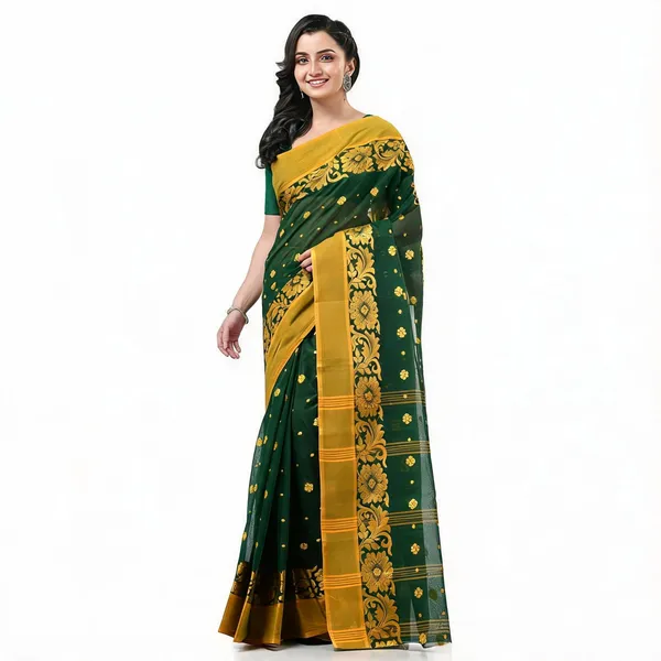 Dark_Green_Cotton_Floral_Handloom_Saree_For_Women