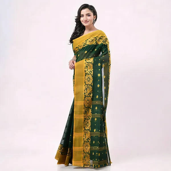 Dark_Green_Cotton_Floral_Handloom_Saree_For_Women