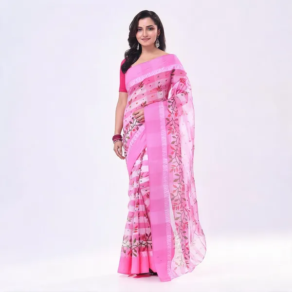 Pink_White_Cotton_Woven_Floral_Saree_For_Women