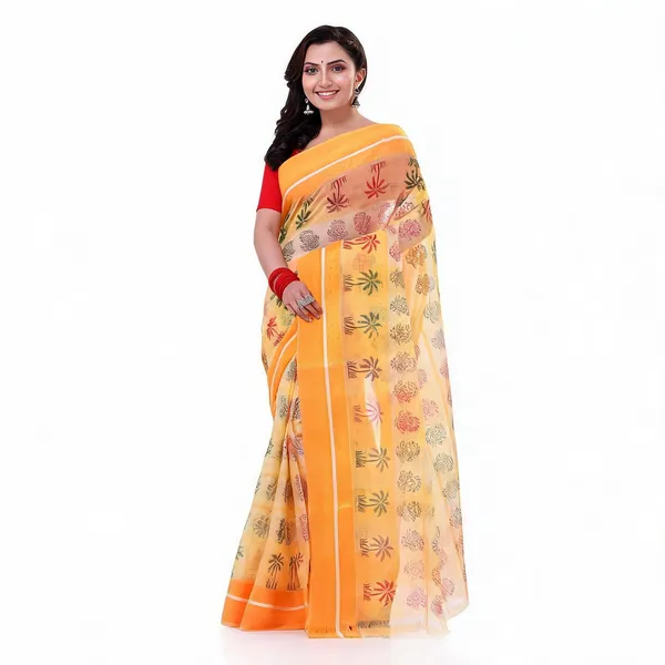Yellow_Cotton_Woven_Floral_Tant_Saree_For_Women