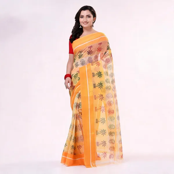Yellow_Cotton_Woven_Floral_Tant_Saree_For_Women