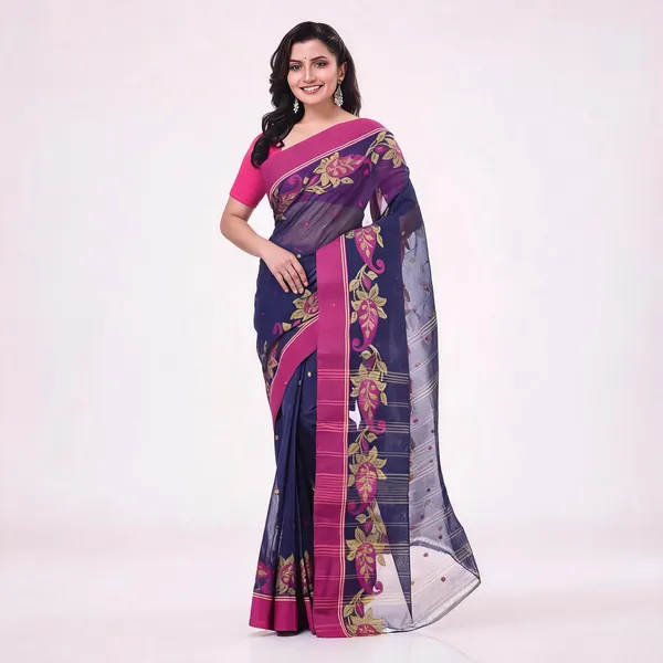 Dark_Blue_Cotton_Handloom_Floral_Saree_For_Women