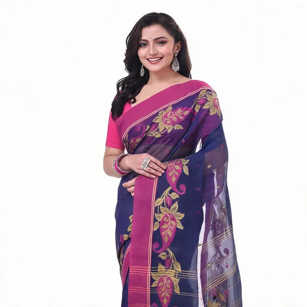 Dark_Blue_Cotton_Handloom_Floral_Saree_For_Women