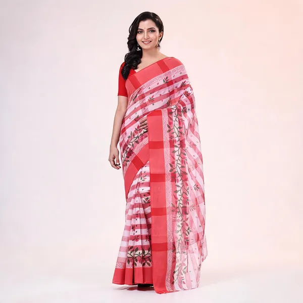Red_White_Cotton_Woven_Floral_Tant_Saree_For_Women
