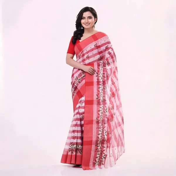 Red_White_Cotton_Woven_Floral_Tant_Saree_For_Women
