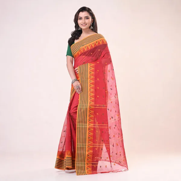 Red_Cotton_Handloom_Self_Design_Saree_With_Blouse_For_Women