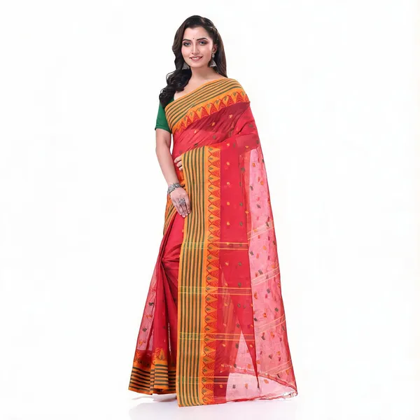 Red_Cotton_Handloom_Self_Design_Saree_With_Blouse_For_Women