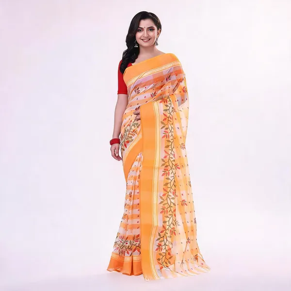 Orange_White_Cotton_Woven_Floral_Saree_For_Women