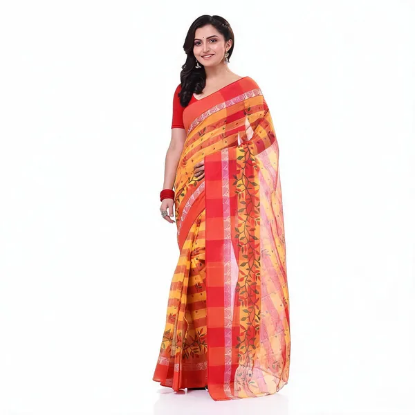 Red_Yellow_Cotton_Woven_Floral_Saree_For_Women