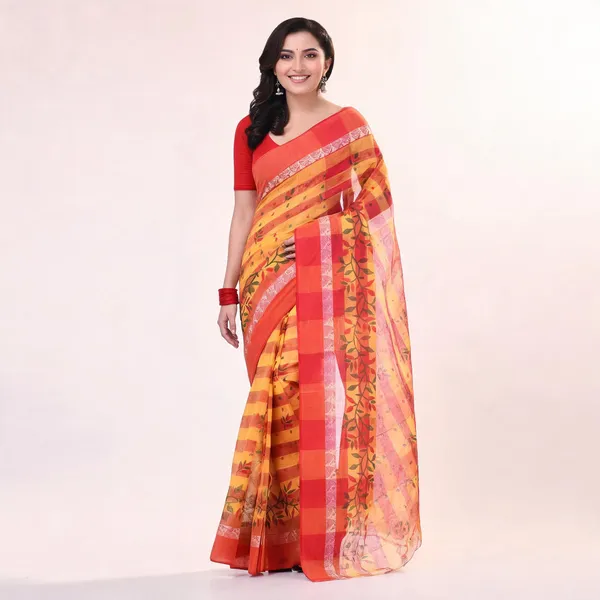 Red_Yellow_Cotton_Woven_Floral_Saree_For_Women