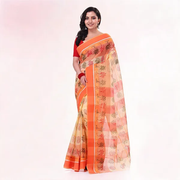 Orange_Cotton_Paisley_Tant_Saree_For_Women
