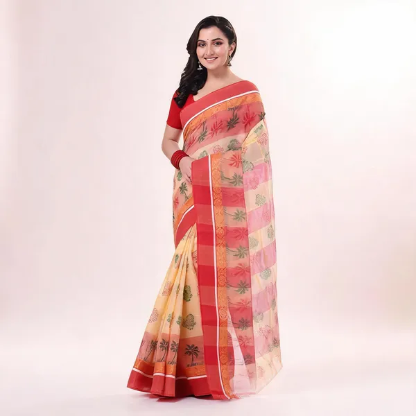 Red_Cotton_Woven_Floral_Tant_Saree_For_Women