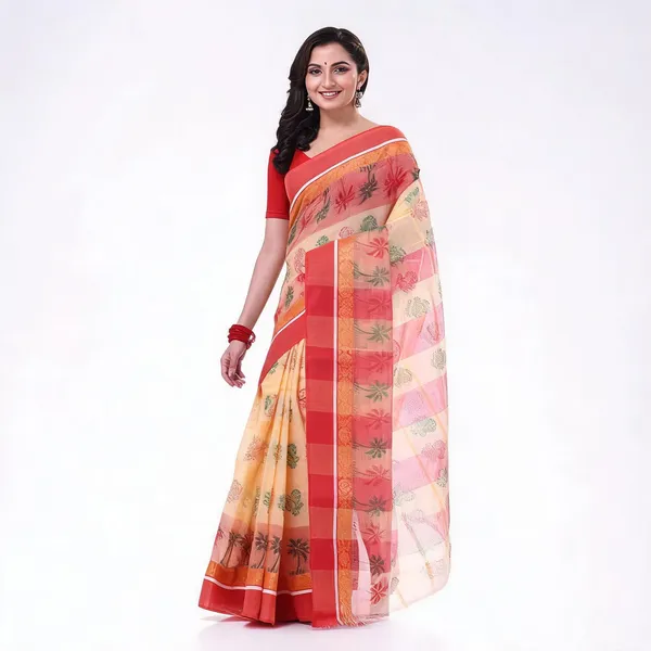 Red_Cotton_Woven_Floral_Tant_Saree_For_Women