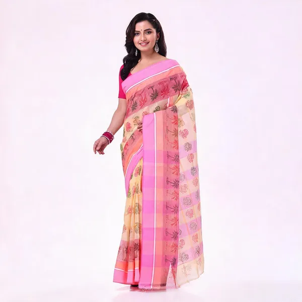 Pink_Cotton_Woven_Floral_Tant_Saree_For_Women