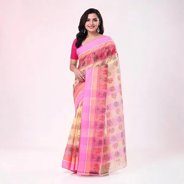 Pink_Cotton_Woven_Floral_Tant_Saree_For_Women