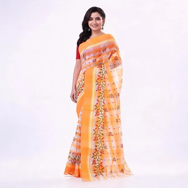 Orange_White_Cotton_Floral_Woven_Handloom_Saree_For_Women