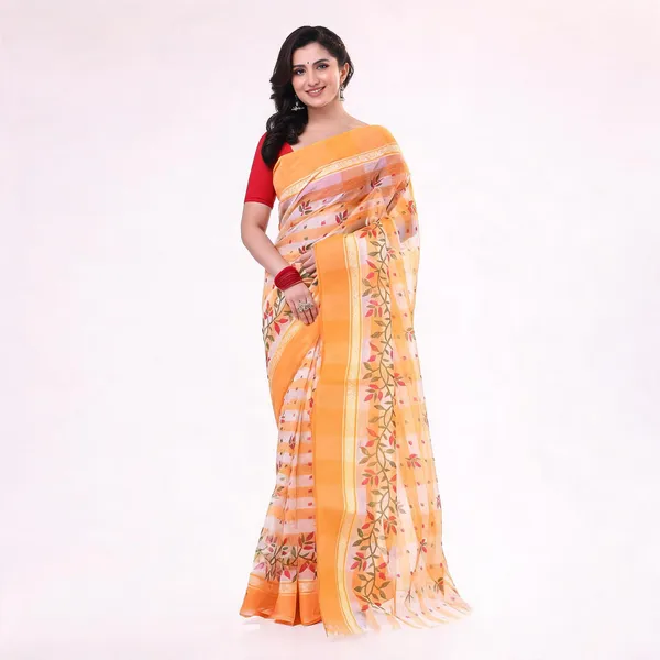 Orange_White_Cotton_Floral_Woven_Handloom_Saree_For_Women