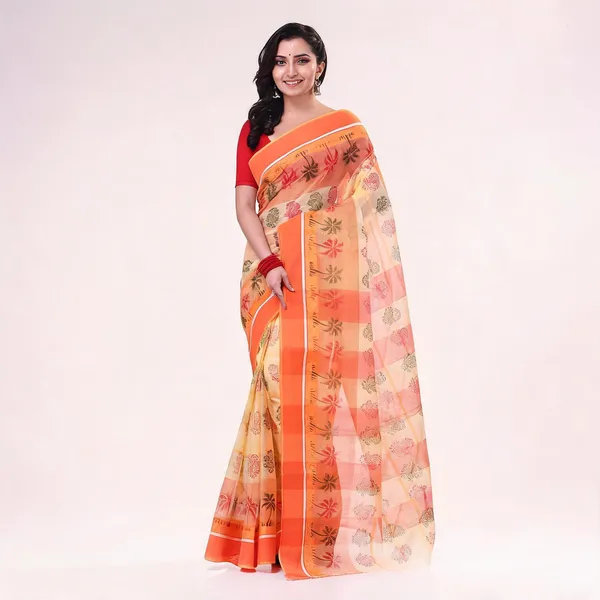 Orange_Cotton_Paisley_Bengal_Tant_Handloom_Saree_For_Women
