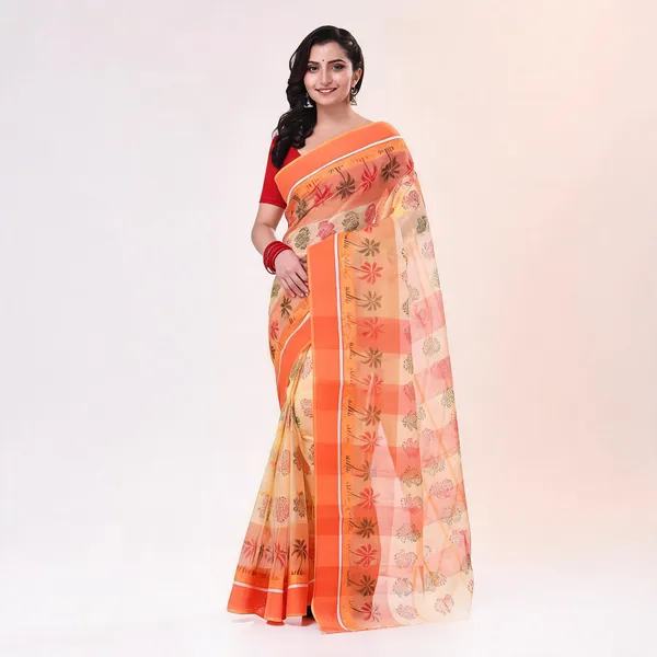 Orange_Cotton_Paisley_Bengal_Tant_Handloom_Saree_For_Women