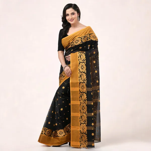 Black_Cotton_Woven_Floral_Handloom_Saree_For_Women