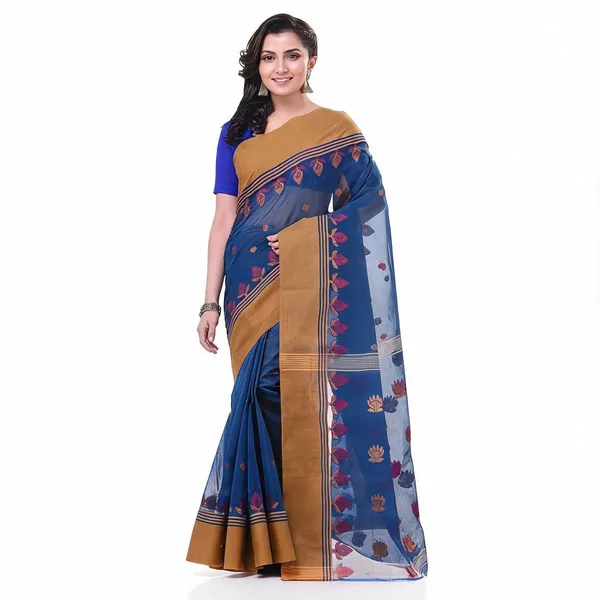 Navy_Blue_Cotton_Woven_Floral_Handloom_Saree_For_Women