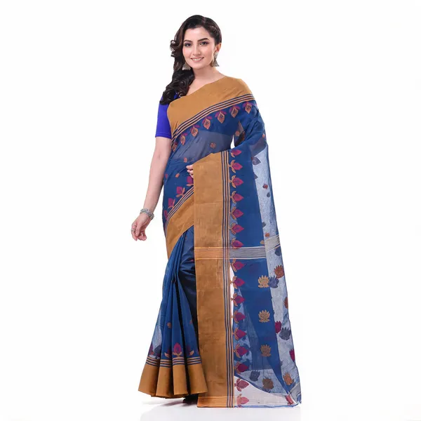 Navy_Blue_Cotton_Woven_Floral_Handloom_Saree_For_Women
