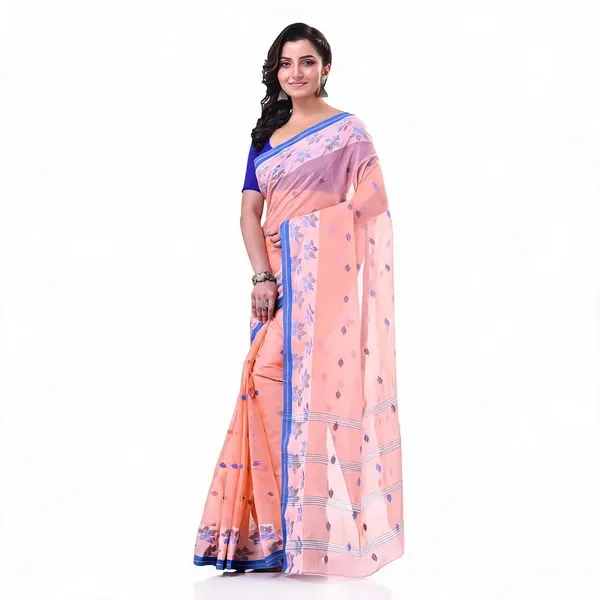 Peach_Cotton_Woven_Floral_Tant_Handloom_Saree_For_Women