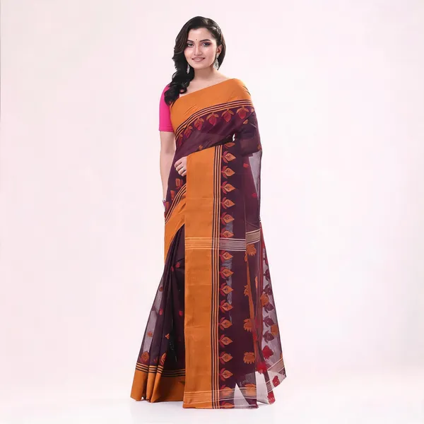 Yellow_Purple_Cotton_Woven_Floral_Handloom_Saree_For_Women