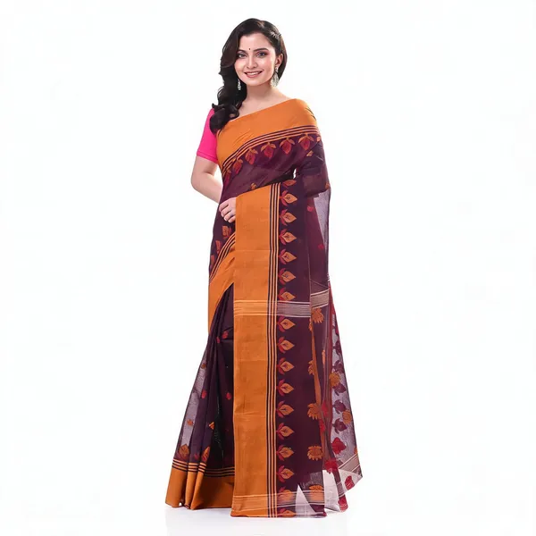 Yellow_Purple_Cotton_Woven_Floral_Handloom_Saree_For_Women