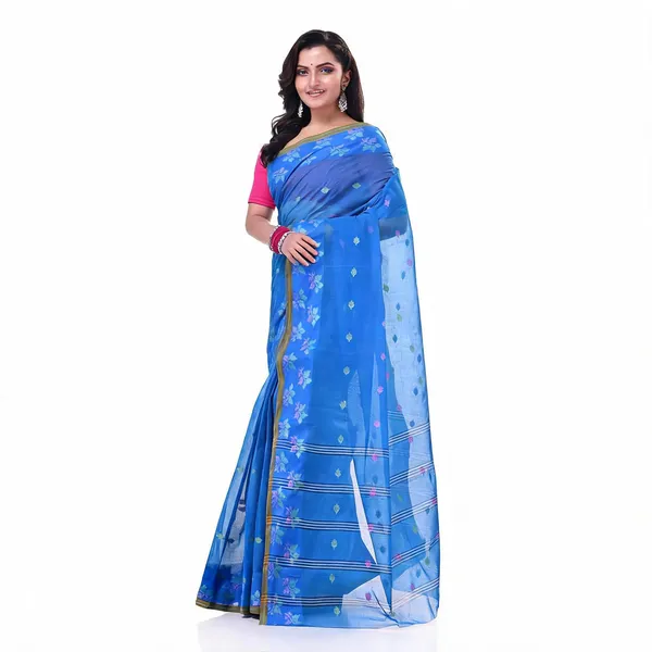 Blue_Cotton_Woven_Floral_Tant_Handloom_Saree_For_Women