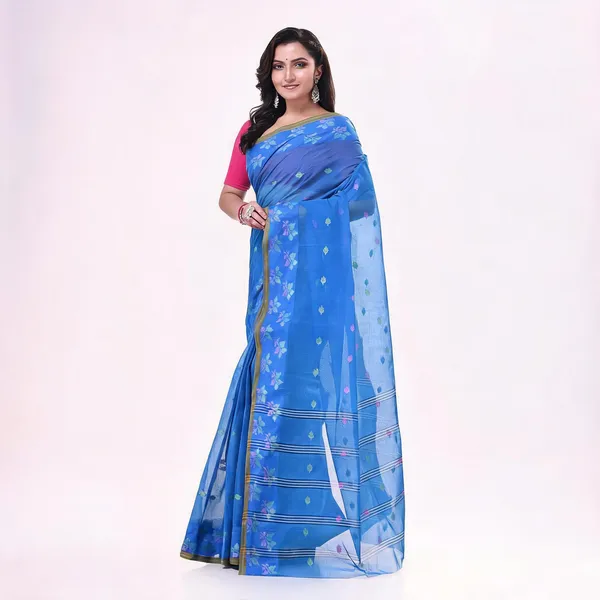 Blue_Cotton_Woven_Floral_Tant_Handloom_Saree_For_Women