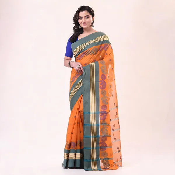 Orange_Cotton_Handloom_Floral_Tant_Saree_For_Women