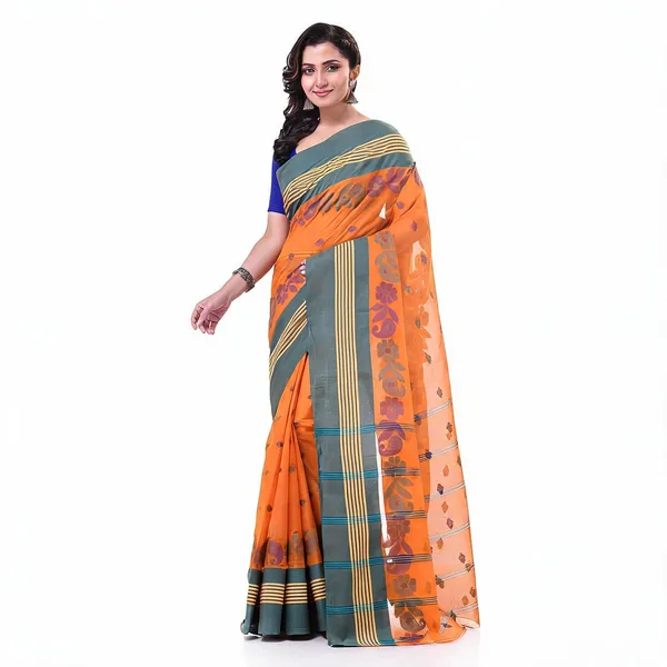 Orange_Cotton_Handloom_Floral_Tant_Saree_For_Women