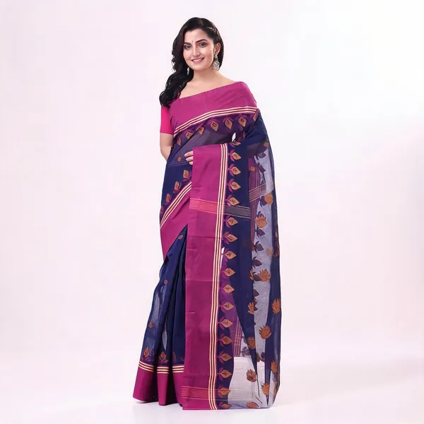 Dark_Blue_Pink_Cotton_Woven_Floral_Handloom_Saree_For_Women