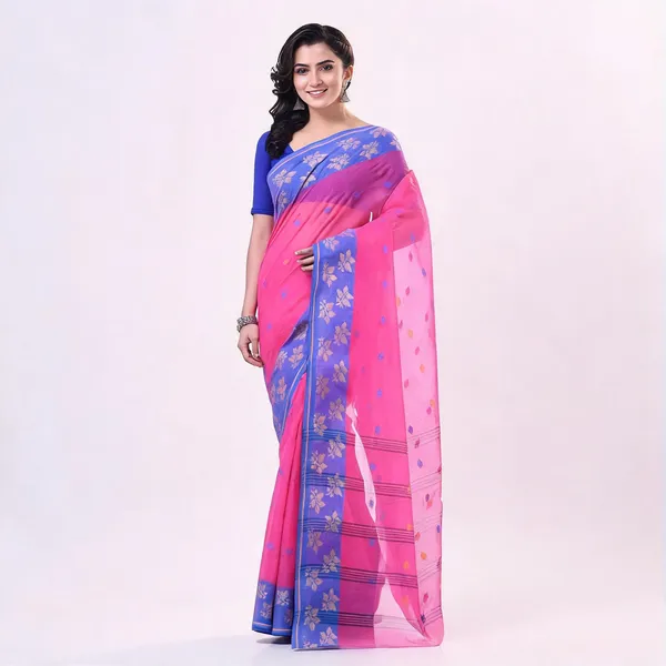 Pink_Cotton_Tant_Handloom_Floral_Woven_Saree_For_Women