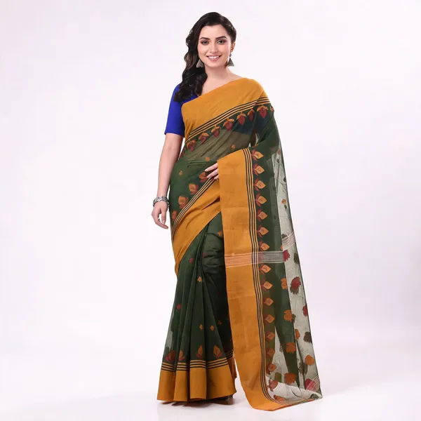 Green_Yellow_Cotton_Woven_Floral_Handloom_Saree_For_Women