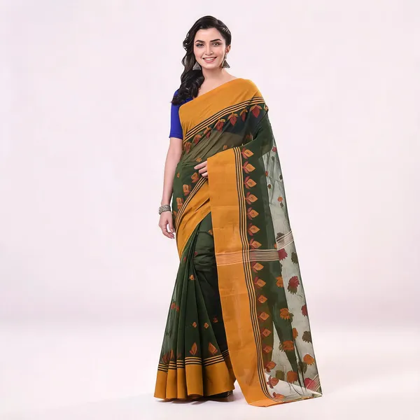 Green_Yellow_Cotton_Woven_Floral_Handloom_Saree_For_Women