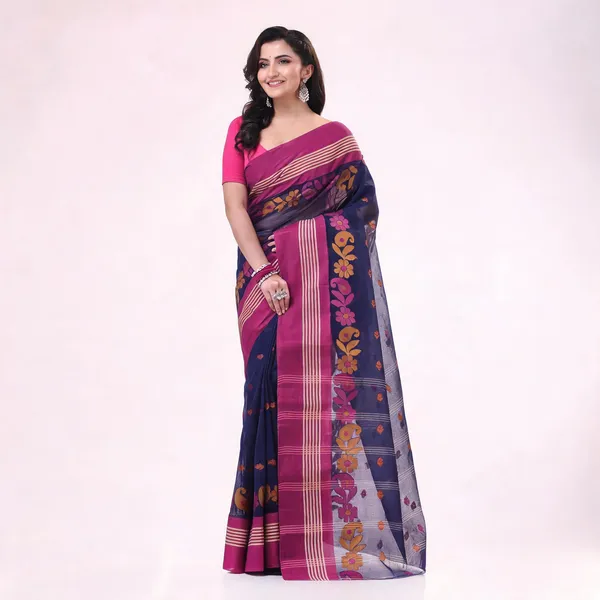 Dark_Blue_Cotton_Handloom_Floral_Saree_For_Women