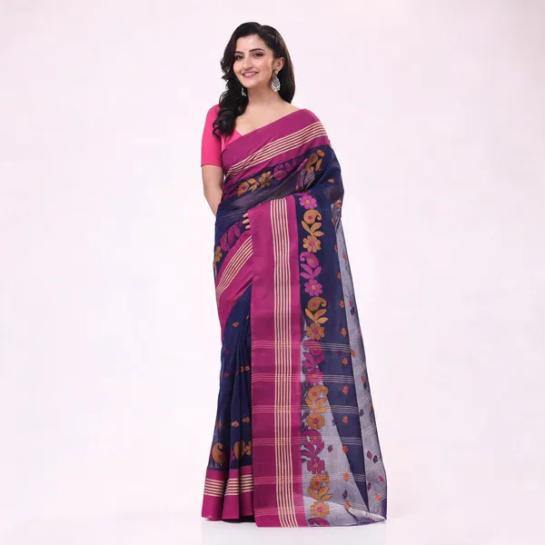 Dark_Blue_Cotton_Handloom_Floral_Saree_For_Women