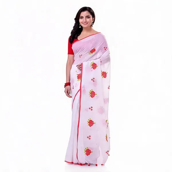 Red_White_Cotton_Silk_Self_Design_Traditional_Saree_With_Blouse_For_Women