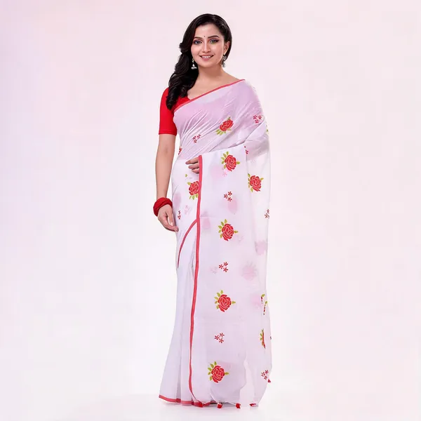 Red_White_Cotton_Silk_Self_Design_Traditional_Saree_With_Blouse_For_Women