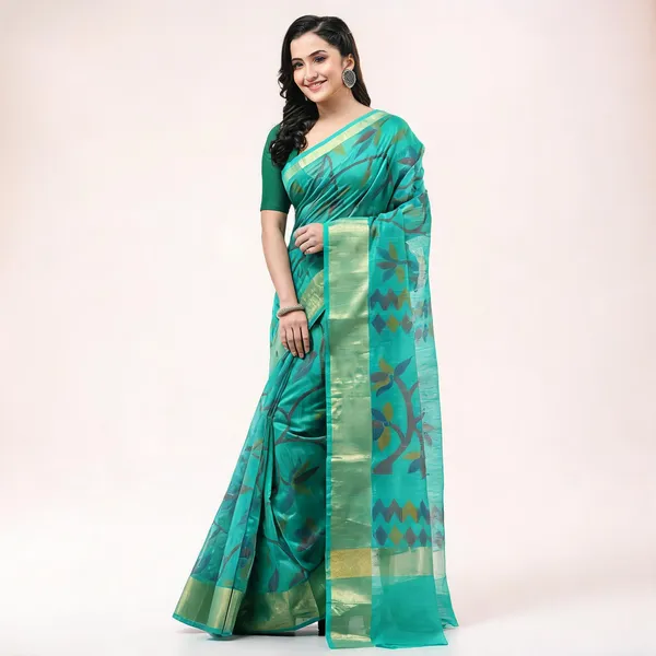 Firoza_Cotton_Silk_Blend_Woven_Floral_Saree_With_Blouse_For_Women