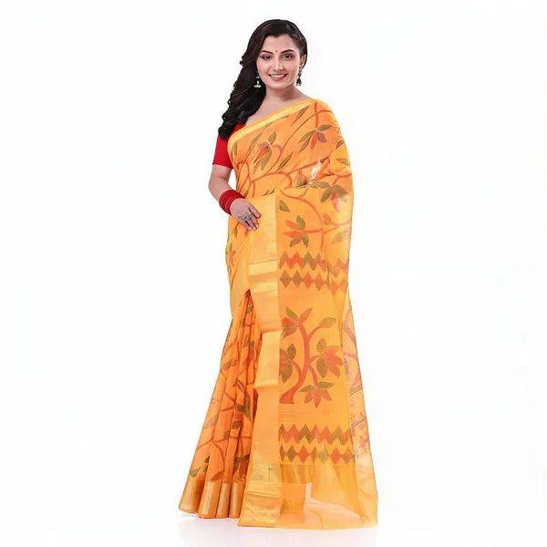Yellow_Cotton_Blend_Floral_Woven_Saree_With_Blouse_For_Women